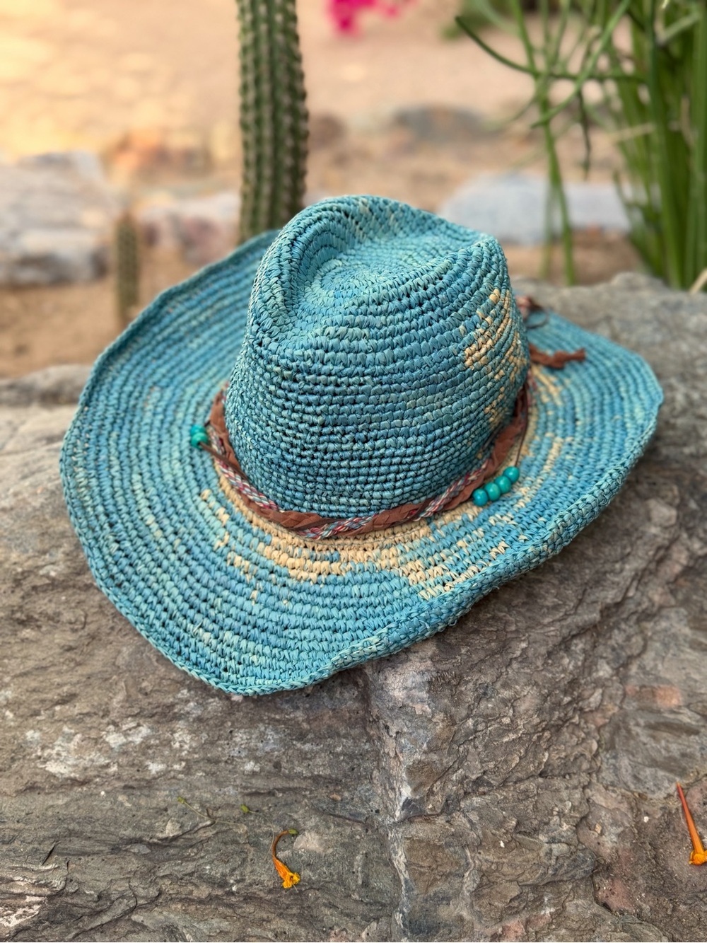 WALLAROO Handwoven Teal Straw Sun Hat with Beaded Trim - Picture 2 of 13